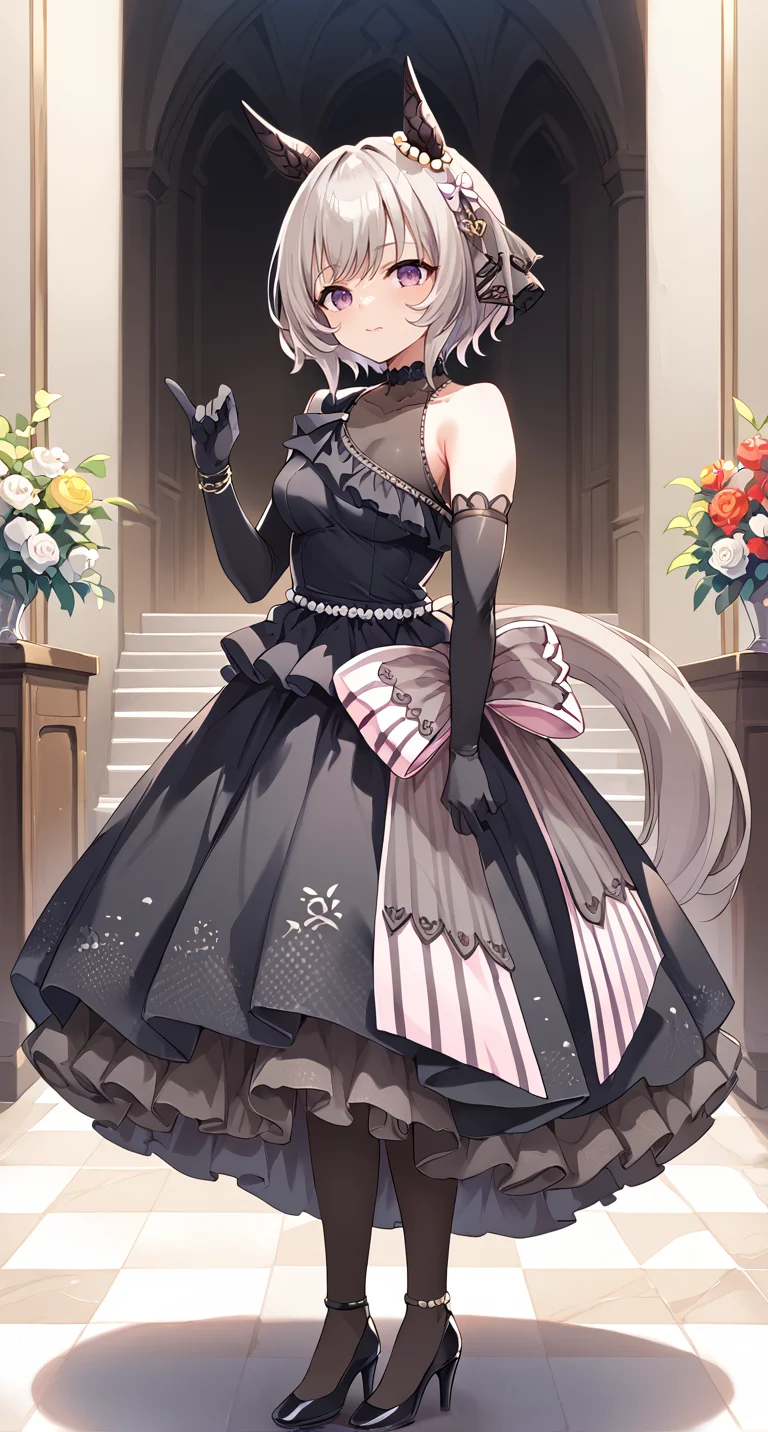 score_9,score_8_up,score_7_up,
official art,official style,game cg,megami magazine,
uncensored,
1girl,
crc wedding,curren chan (umamusume),
animal ears,blush,dress,elbow gloves,gloves,grey hair,hair ornament,
horse ears,horse tail,ribbon,short hair,tail,wedding dress,black dress,black gloves,
bow,ear covers,ear ornament,horse girl,official alternate costume,
purple eyes,detached sleeves,bare shoulders,black footwear,dress bow,
frilled dress,frills,high heels,see-through,see-through cleavage,see-through dress,
sleeveless,sleeveless dress,black choker,bracelet,choker,bangs,violet eyes,long dress,
standing,
<lora:umamusume_curren_chan_pony_v1.1:1>,