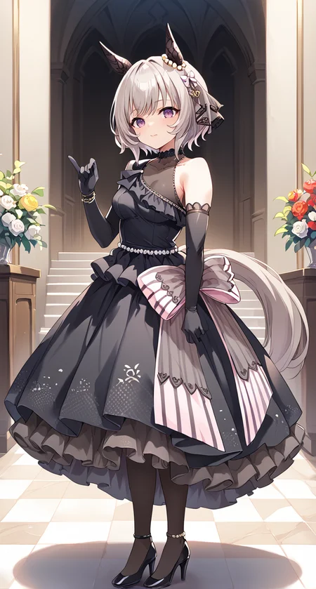 score_9,score_8_up,score_7_up,
official art,official style,game cg,megami magazine,
uncensored,
1girl,
crc wedding,curren chan (umamusume),
animal ears,blush,dress,elbow gloves,gloves,grey hair,hair ornament,
horse ears,horse tail,ribbon,short hair,tail,wedding dress,black dress,black gloves,
bow,ear covers,ear ornament,horse girl,official alternate costume,
purple eyes,detached sleeves,bare shoulders,black footwear,dress bow,
frilled dress,frills,high heels,see-through,see-through cleavage,see-through dress,
sleeveless,sleeveless dress,black choker,bracelet,choker,bangs,violet eyes,long dress,
standing,
<lora:umamusume_curren_chan_pony_v1.1:1>,