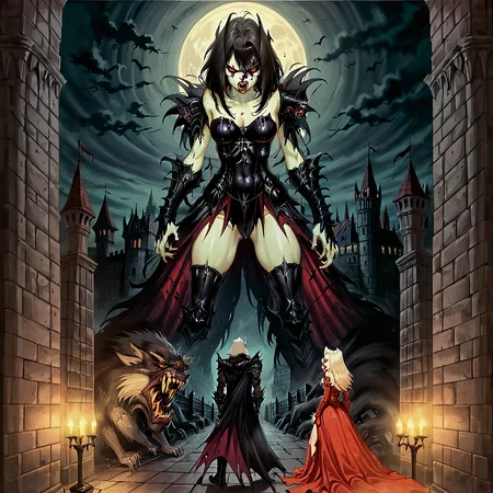 a werewolf standing on a castle wall with a woman, requiemcom, monster, darkness, horror_(theme), vampire, dress,