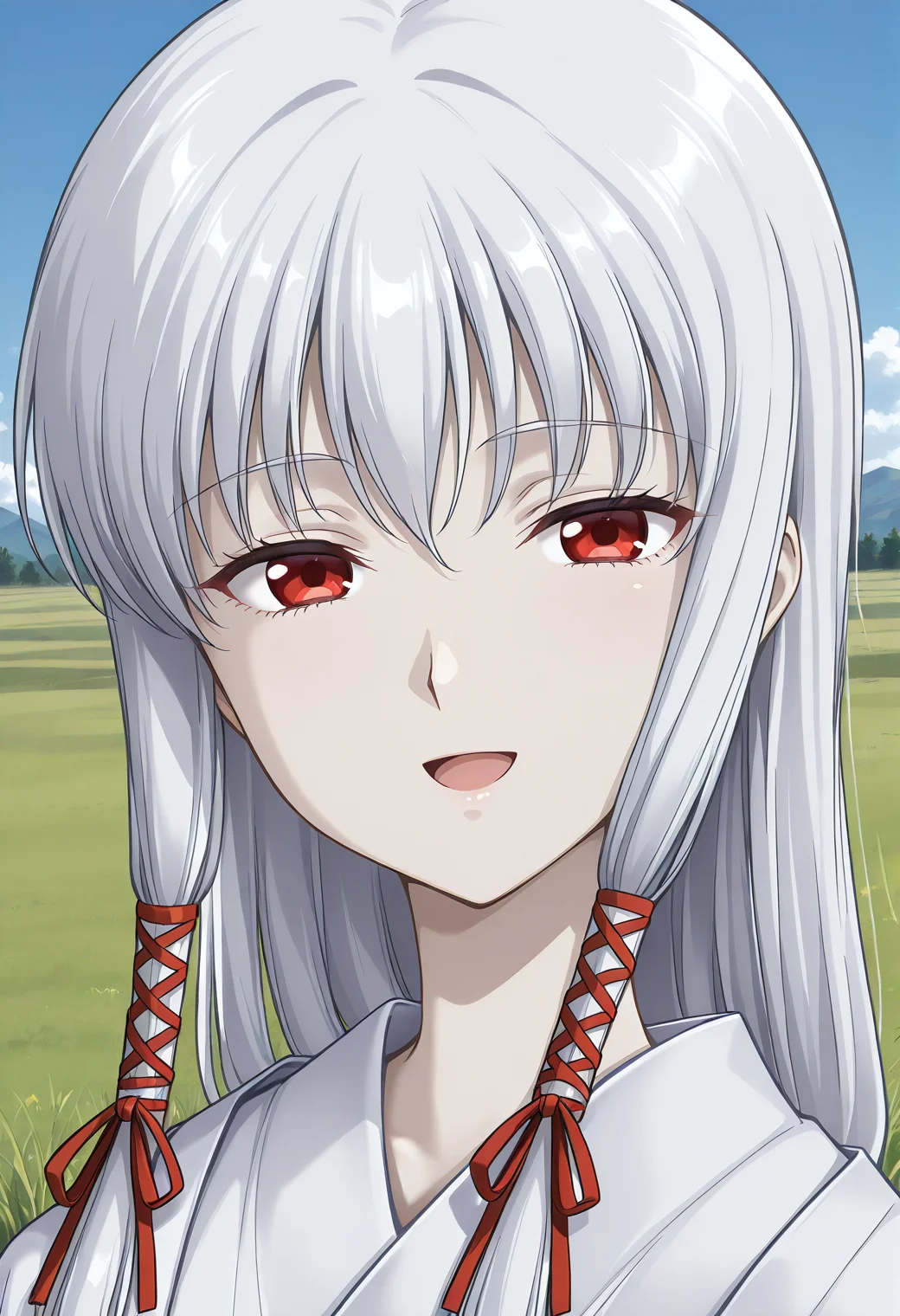 kuon_mio, red eyes, white hair, long hair, hair ribbon, tress ribbon, pale skin, albino, japanese clothes, white kimono, <lora:kuon_mio_illustrious_ver1:0.8>
smile,, masterpiece, best quality, very aesthetic, absurdres,, general,, 1girl, solo, blue sky, (grasslands:1.2), looking at viewer,, (upper body:1.2), (close-up:1.2), (facing viewer:1.2), (open eyes:1.4), (portrait:1.2)