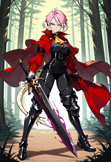 score_9, score_8_up, score_7_up, 1girl, au ra, short hair, pink hair, white highlights, grey eyes, tail, ahoge, spikey hair,
black shirt, red cloak, yellow ascot, black gloves, black high-waist pants, red sleeves, belt, thigh high boots, black armored boots, solo, dynamic pose, holding sword, two-handed sword, black sword, huge weapon, looking at viewer, smirk, dark aura, forest, trees,