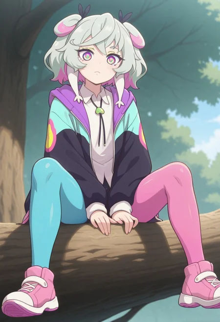 masterpiece,best quality,amazing quality, Pr3me, Multicolored Hair, Multicolored Eyes, Multicolored Jacket, Collared Shirt, Multicolored Pantyhose, Pink Footwear, sitting, legs apart, daytime, on tree trunk
