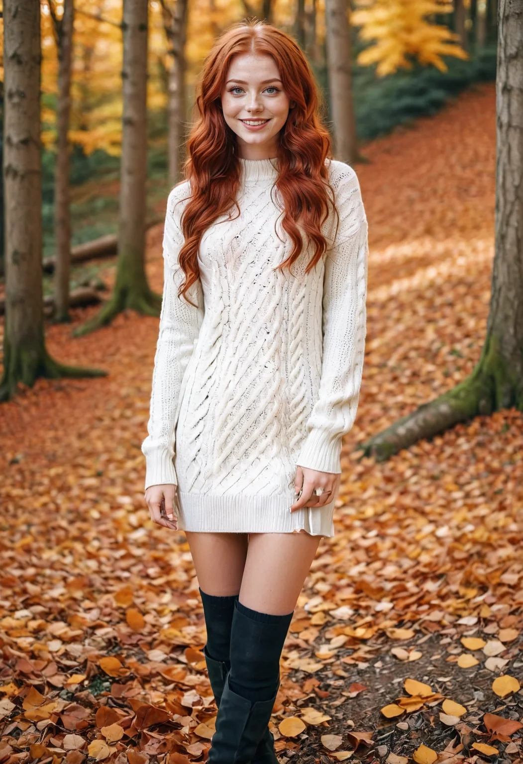 a beautiful young Irish woman, 20 years old, highly detailed face, red hair, pale skin, ideal face, cute smile, realistic detailed skin, tight knitted sweater dress, stockings, boots, autumn forest background, RAW candid cinema, 16mm, color graded portra 400 film, remarkable color, ultra realistic, highest quality, masterpiece photography, <lora:BT_Knitted_Sweater_Dress_XL:0.7>