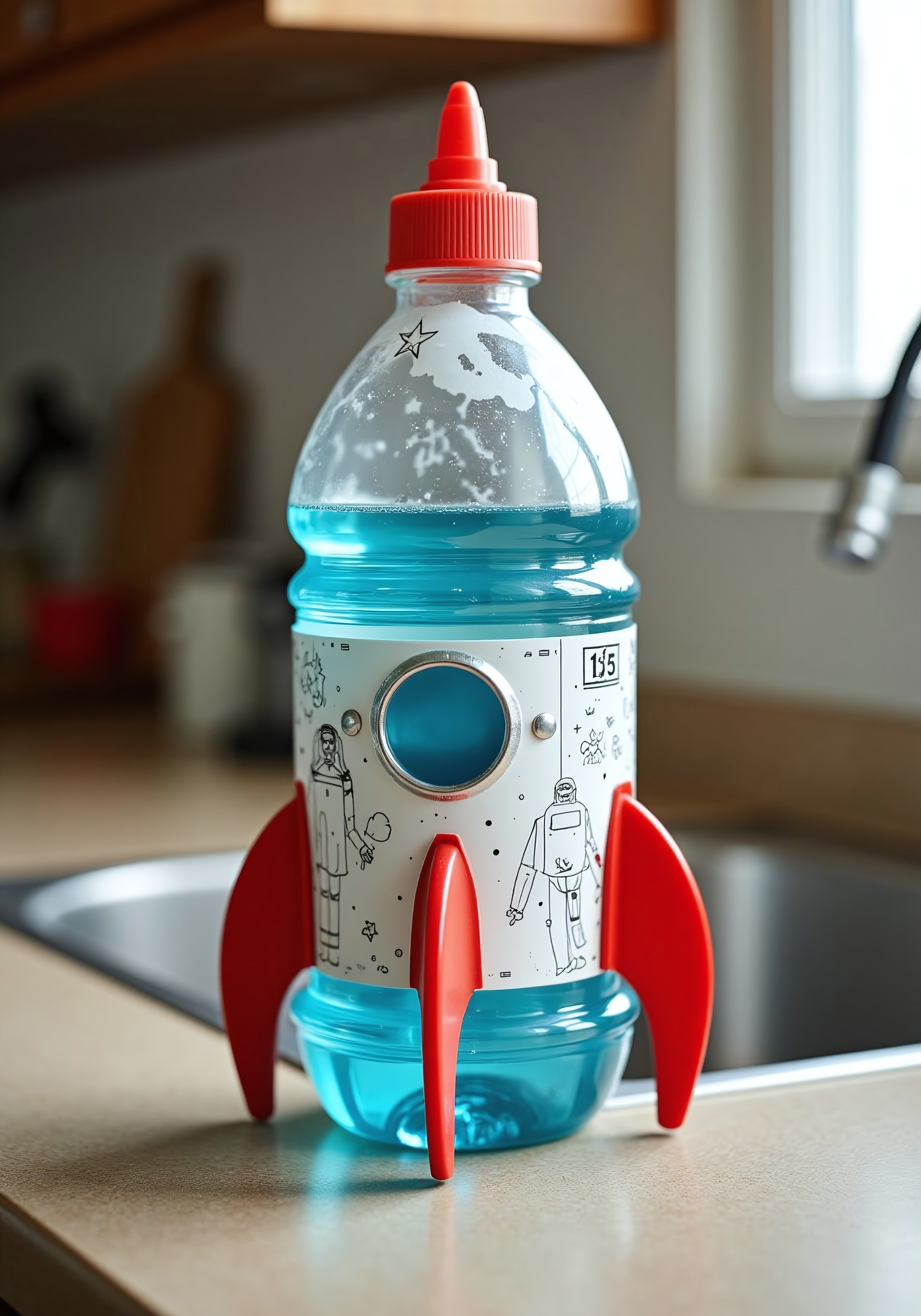 aidmaimageupgrader, a high quality digital image of a toy rocketship made out of a dishwashing liquid bottle, the bottle rocketship is on a kitchen counter next to a sink, it has some pen drawings on it to make it look more like a rocketship