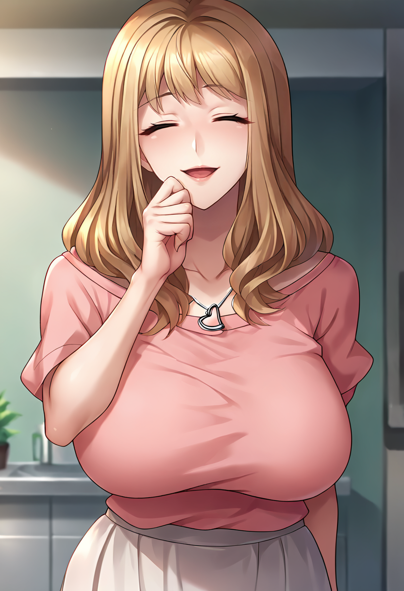 score_9, score_8_up, score_7_up, masterpiece, source_anime, 1girl, solo, ct_m4ko, huge breasts, long hair, light pink shirt, puffy short sleeves, heart necklace, long skirt, looking at viewer, indoors, shiny skin, hand on chin, cowboy shot, portrait, eyes closed, happy, <lora:Mako_Suzumoto_Pony_ct_ver2:1>