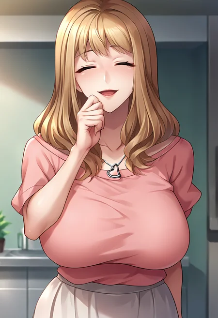 score_9, score_8_up, score_7_up, masterpiece, source_anime, 1girl, solo, ct_m4ko, huge breasts, long hair, light pink shirt, puffy short sleeves, heart necklace, long skirt, looking at viewer, indoors, shiny skin, hand on chin, cowboy shot, portrait, eyes closed, happy, <lora:Mako_Suzumoto_Pony_ct_ver2:1>