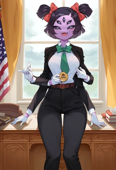 score_9, score_8_up, score_7_up, source_cartoon, show accurate, 1girl, sexy girl, solo, muffet (undertale), best quality, solo, anthro, ((six arms)), lavender skin, five eyes, twin pigtails, white fangs, red ribbons, white gloves, thick clothing, black coat, black jacket, closed coat, buttoned coat, closed jacket, green necktie, white collar, buttoned shirt, white buttoned shirt, white shirt, flag pin, button badge, belt, trousers, black trousers, portrait, close up, holding medal, formal pose, face focus, half body, oval_office, resolute_desk, desk, seal of the president of the United States, curtains, window, flag, american flag, painting (object), (wide_hips), thick thighs, bubble_butt