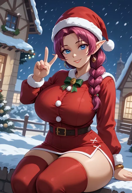 score_9, score_8_up, score_7_up, (best quality:1.1), ultra-detailed, high resolution, 8k, female, (big ass, front view), Merlina, magenta hair, braid, blue eyes, smile, peace sign, pointy ears jewelry, red Christmas dress, Santa hat, red skirt, belt, stockings, red thighhighs, long sleeve, fur bracelets, snowing, sitting, seductive, solo, ((huge breasts, voluptuous, thick thighs, skinny, petite, curvy, busty, high quality, masterpiece, wide hips)), (((dutch angle, sexy tease, sexy pose, stylish pose))) BREAK outside, Rich, Detailed background, ambient light