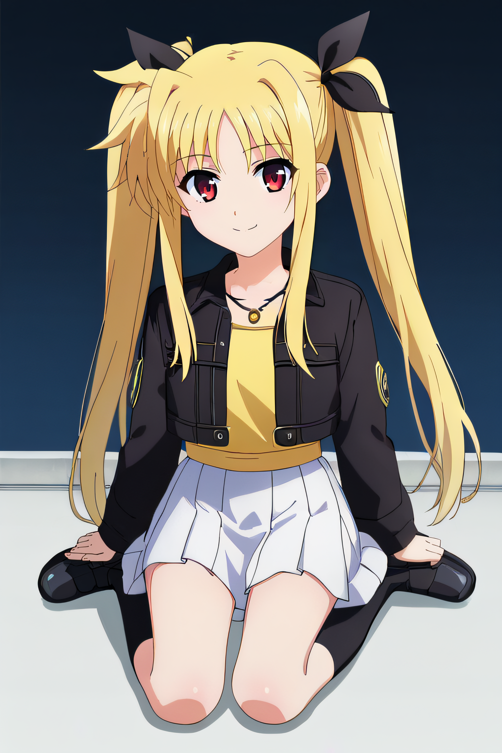 score_9, score_8_up, score_7_up, source_anime, rating_safe, intricate details, anime screencap, official style, 1girl, solo, <lora:Testarossa_Fate:1>, testarossa, red eyes, blonde hair, twintails, twin ribbons, black_hair_ribbons, yellow shirt, necklace, collarbone, cropped jacket, black jacket, black sleeves, white skirt, miniskirt, pleated skirt, black footwear, sitting, smile, frontal view, full body, looking at viewer, five fingers, kneeling