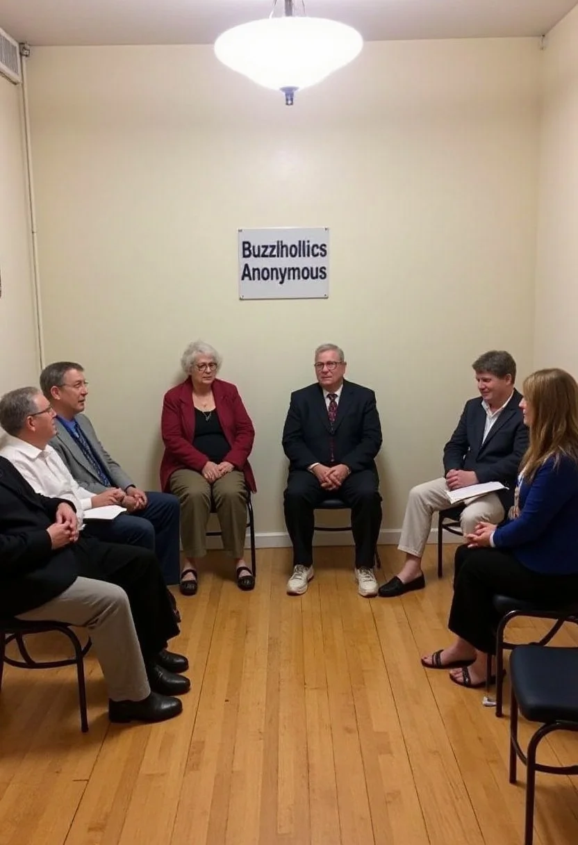 A small group of six men and women sitting in chairs that form a circle pattern in the middle of a large room with wooded flooring, a (((sign hangs on the wall facing viewer that reads "Buzzihollics Anonymous")))