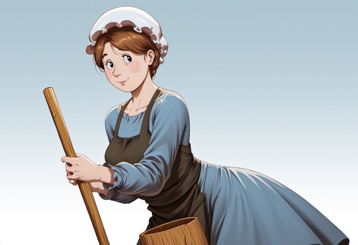 score_9_up, score_8_up, BREAK, 1girl, solo, AmishWife, short hair, brown hair, black eyes, mob cap, dress, apron, blue dress, mature female, cowboy shot,  <lora:AmishWife_jlullaby_PXL_Leaf2:0.8>, outdoors, gradient background,
