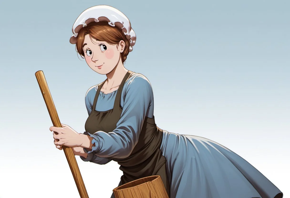 score_9_up, score_8_up, BREAK, 1girl, solo, AmishWife, short hair, brown hair, black eyes, mob cap, dress, apron, blue dress, mature female, cowboy shot,  <lora:AmishWife_jlullaby_PXL_Leaf2:0.8>, outdoors, gradient background,