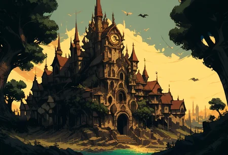 score_9, score_8_up, score_7_up, score_6_up, SFW, <lora:d3p1x3lXLP:1> d3p1x3l, PRSNL_3_1, pixel art, scenery, detailed castle, seen through trees,
