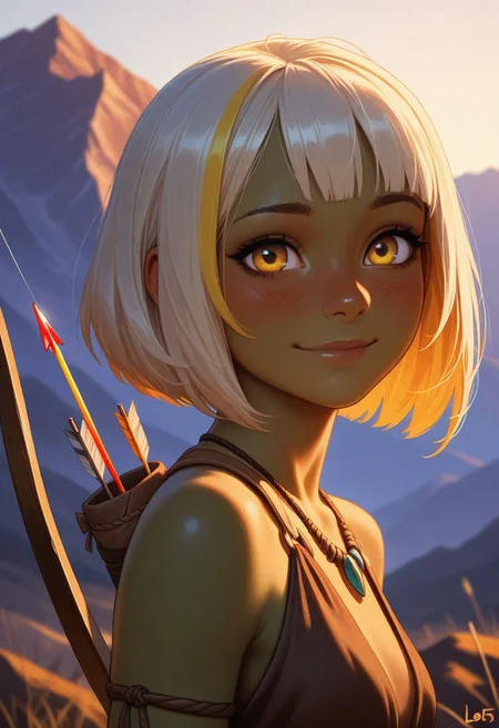 masterpiece, best quality, amazing quality, (incase:0.1), photorealistic, painterly, colorful, (high contrast), nose, lips, BREAK, 1girl, 25 years old,
three quarter view, detailed face, portrait, face focus, depth of field, looking at viewer, blush, shy smile, close up,
yellow eyes,
(dark green skin), dark-skinned female,
streaked hair, white hair, (yellow hair), bob cut, loincloth, wooden beads, necklace, bow \(weapon\), arrow \(projectile\), colorful arrows, tribal outfit, minimal clothing,
outdoors, scenery, mountains,
