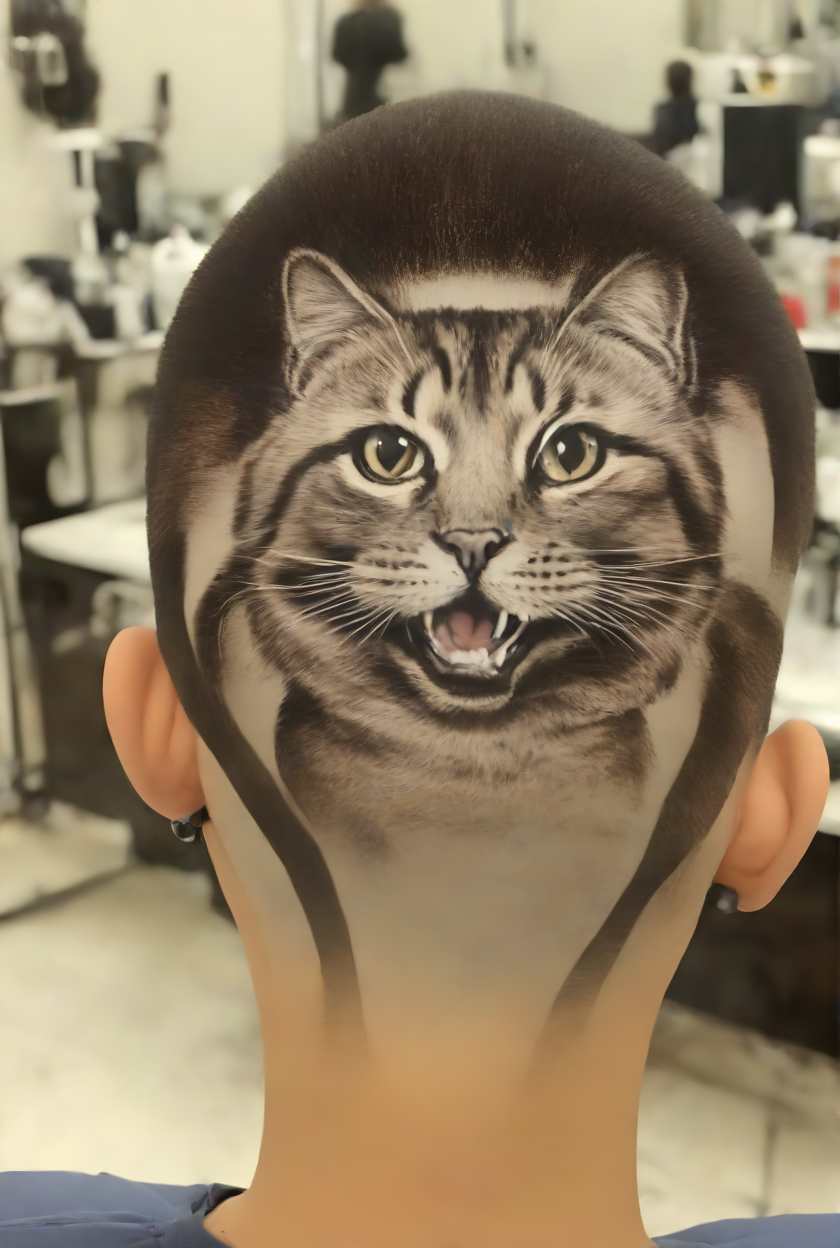 <lora:PE_BackOfHead_Haircut:1> PEHairCut, haircut, back of the head,
very cute cat, smiling, happy