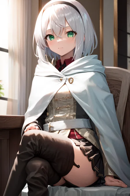 masterpiece, best quality, highres, 1girl amnesia green eyes short hair, white cape black skirt pleated skirt white jacket red shirt garter straps black thighhighs thigh boots <lora:amnesia:1> sitting on chair, crossed legs