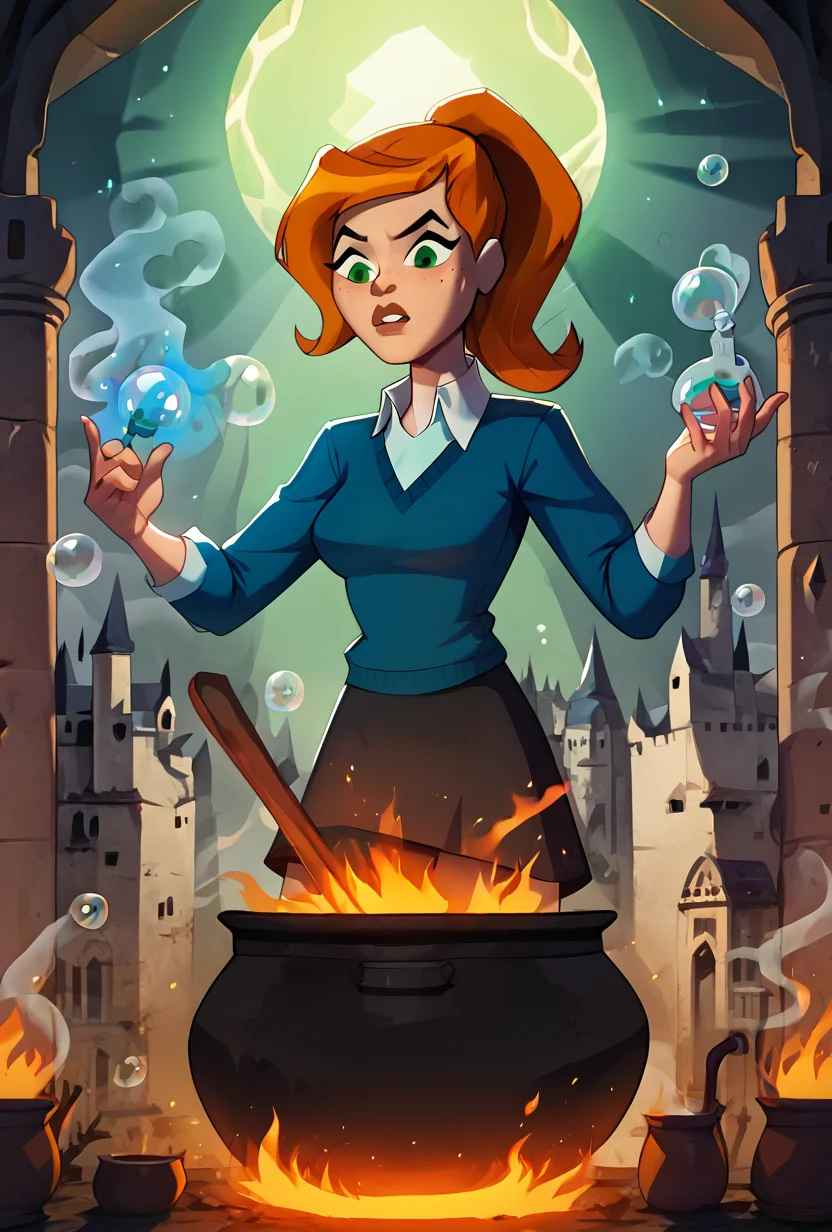 <lora:ovgwen-03:1> ovgwen, green eyes, 1girl, ponytail, orange hair, solo, blue shirt, freckles, white collared shirt, black skirt , sweater, cobble stone background, castle walls, acient ruins <lora:Cauldron:1> c4uldrn, cauldron, fire, magic, bubbles, steam, score_9, score_8_up, score_7_up,, detailed shading, detailed ambient light, detailed background, masterpiece,