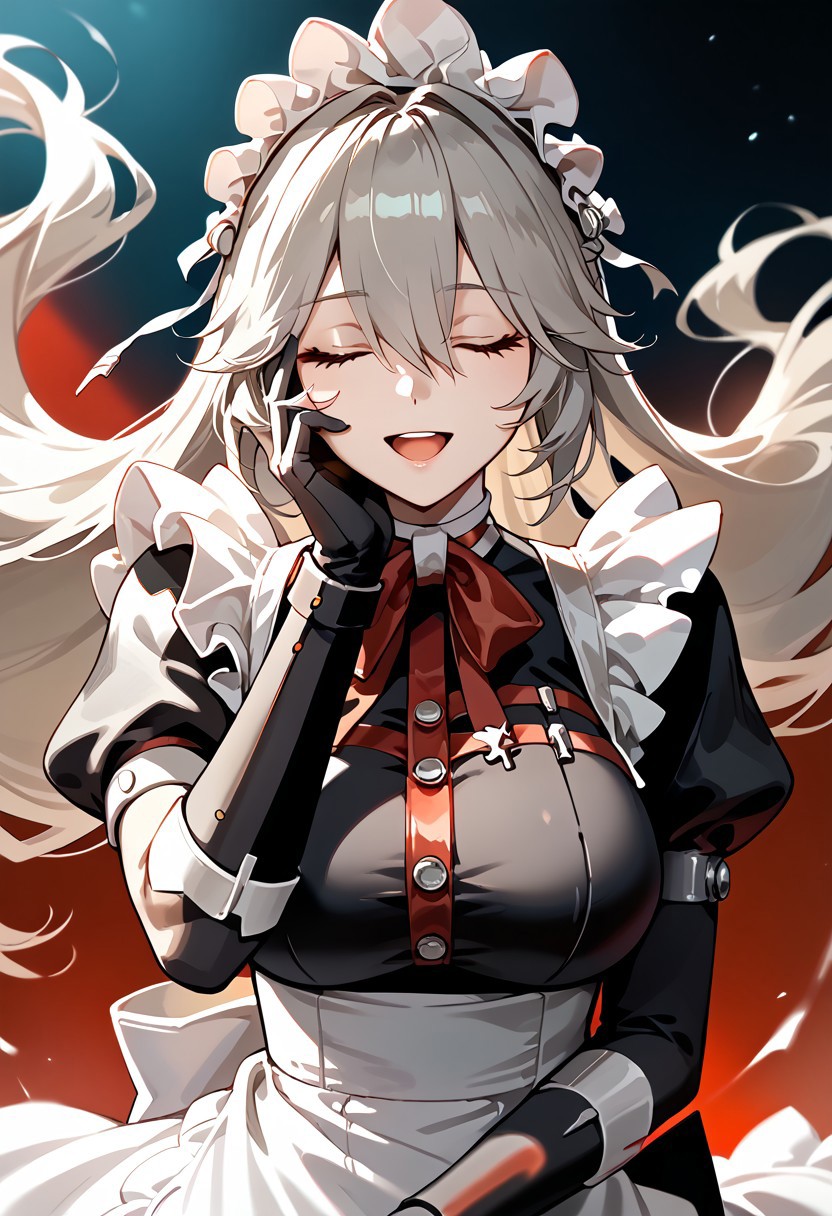 score_9,score_8_up,score_7_up,source_anime,ALEXANDRINA_SEBASTIANE,1girl,solo,long hair,breasts,smile,open mouth,large breasts,gloves,bow,closed eyes,upper body,grey hair,black gloves,maid,maid headdress,hand on own face,cropped torso,hand on own cheek,