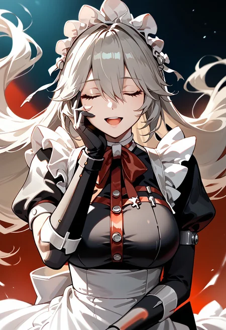 score_9,score_8_up,score_7_up,source_anime,ALEXANDRINA_SEBASTIANE,1girl,solo,long hair,breasts,smile,open mouth,large breasts,gloves,bow,closed eyes,upper body,grey hair,black gloves,maid,maid headdress,hand on own face,cropped torso,hand on own cheek,