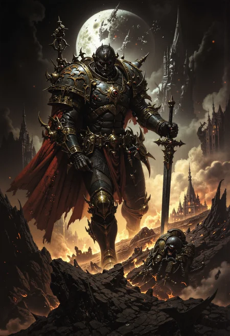 analog film photo . Frank Frazetta fantasy oil painting (art by Zdzislaw Beksinski:2), a hero with giant sword is facing the ultimate evil enemy, burning city. grimdark, mythp0rt, FredFraiStyle <lora:- Flux1 - vanta_black_V1.0.safetensors:0.5>, <lora:FluxMythP0rtr4itStyle.safetensors:0.76>, <lora:FredFraiStyle-FLUX-Share.safetensors:0.75>, <lora:Warhammer_Rogue_Trader_Style_flux-000021.safetensors:0.5>, <lora:ARTifacts.safetensors:0.5>, <lora:Movie_Portrait.safetensors:0.5>, <lora:m100-style_v.02.safetensors:0.25>, <lora:frazetta_flux_v2-000150.safetensors:0.5>, . faded film, desaturated, 35mm photo, grainy, vignette, vintage, Kodachrome, Lomography, stained, highly detailed, found footage