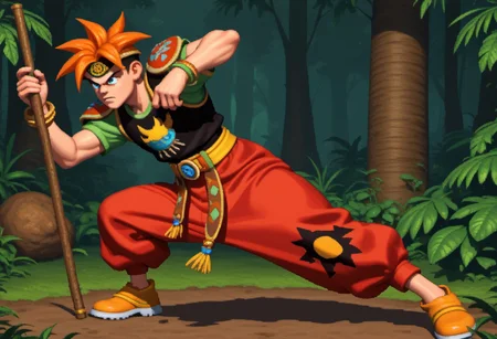 terranigmark, score_9, score_8_up, score_7_up, score_6_up, score_5_up, score_4_up,, dkcstyle,, pixel art,, spiky orange hair, pauldrons with faces, (((jeweled headband))), print shirt, green sleeves, bracelets, belt with dangling straps, red baggy pants, shoes, holding bo staff, action pose, jungle background