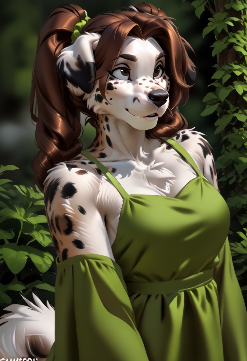 score_9, score_8_up, score_7_up, (by zummeng:1.5), (by jailbird:1.5), (by kittydee:1.5), masterpiece, best quality, (solo),  
(Furry Art : Anthro: English setter:1.5), 1girl, expressive eyes, feminine eyes, perfect face, feminine face, (brown hair:1.5), (pigtail hair:1.5), feminine body, medium breasts, setter dog, dog, canine, floppy dog ears, medium long fur, spotted fur, white fur, black spots on fur, (spring dress:1.5), (brown eyes),