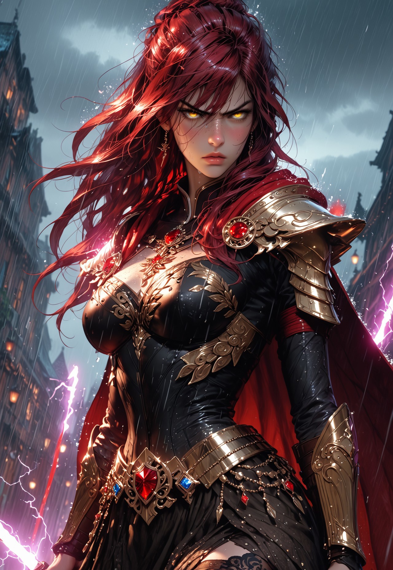 safe_pos, profile view of 1girl, sfw, gorgeous, freckles, shiny wet skin, detailed skin, detailed face:2, fierce:2, angry, sneerimg, intense glare, perfect eyes, glowing eyes, long hair, red hair, deep red hair, dark red hair:2, cloth tunic, saggy breasts, breasts covered:1.5, nipples covered, cloth stretched tight over breasts, showing slight skin, decorative mystic armor, dark blue armor:2, matching armor, armored skirt:2, flowing skirt:2, skirt:2, flowing cape, intricate armor, shiny armor, perfect hands:2, perfect fingers, eyeliner, relaxed hands, thigh highs, leggings, armored thighs, exposed upper chest, exposed lower thigh, showing slight leg, walking pose, cape billowing in the wind, turned, 
BREAK
smoking battlefield, outdoors, rain, rainy day, dark sky, dusk, lightning strike:2, stormy sky, lightning in sky, streaming banners, spears and swords in dirt, fires, 
BREAK
score_9, score_8_up, score_8, masterpiece, best quality, official art, extremely detailed, absurdres, high definition, photorealism, detailed shading, high contrast, ambient occlusion, 
BREAK
dynamic angle:1.5, cowboy shot, focus face, profile shot,  Dutch angle, high viewpoint, pov above,

expressiveh, comicbookpage style, mythp0rt, g4n1m3, 