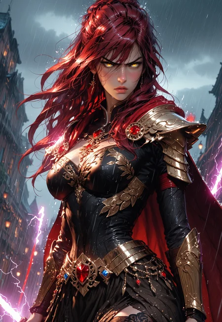 safe_pos, profile view of 1girl, sfw, gorgeous, freckles, shiny wet skin, detailed skin, detailed face:2, fierce:2, angry, sneerimg, intense glare, perfect eyes, glowing eyes, long hair, red hair, deep red hair, dark red hair:2, cloth tunic, saggy breasts, breasts covered:1.5, nipples covered, cloth stretched tight over breasts, showing slight skin, decorative mystic armor, dark blue armor:2, matching armor, armored skirt:2, flowing skirt:2, skirt:2, flowing cape, intricate armor, shiny armor, perfect hands:2, perfect fingers, eyeliner, relaxed hands, thigh highs, leggings, armored thighs, exposed upper chest, exposed lower thigh, showing slight leg, walking pose, cape billowing in the wind, turned,
BREAK
smoking battlefield, outdoors, rain, rainy day, dark sky, dusk, lightning strike:2, stormy sky, lightning in sky, streaming banners, spears and swords in dirt, fires,
BREAK
score_9, score_8_up, score_8, masterpiece, best quality, official art, extremely detailed, absurdres, high definition, photorealism, detailed shading, high contrast, ambient occlusion,
BREAK
dynamic angle:1.5, cowboy shot, focus face, profile shot, Dutch angle, high viewpoint, pov above,
expressiveh, comicbookpage style, mythp0rt, g4n1m3,