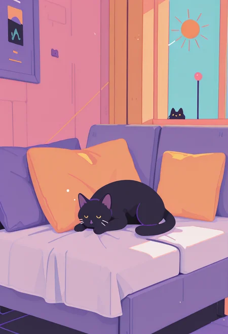 masterpiece, best quality, amazing quality, very aesthetic, absurdres, newest,
realistic black cat, realistic, cat sleeping on a furry white pillow, fur covers pillow, pastel color tonemapping, sunbeam shinning on cat, sun ray, cute, calm vibes. flat colors, lineless,
<lora:Flatline_-_Illus_x_Niji_checkpoint-e18_s306:0.6> <lora:NJ_Vector_Style:0.6> <lora:g00se_v2_ill:1>