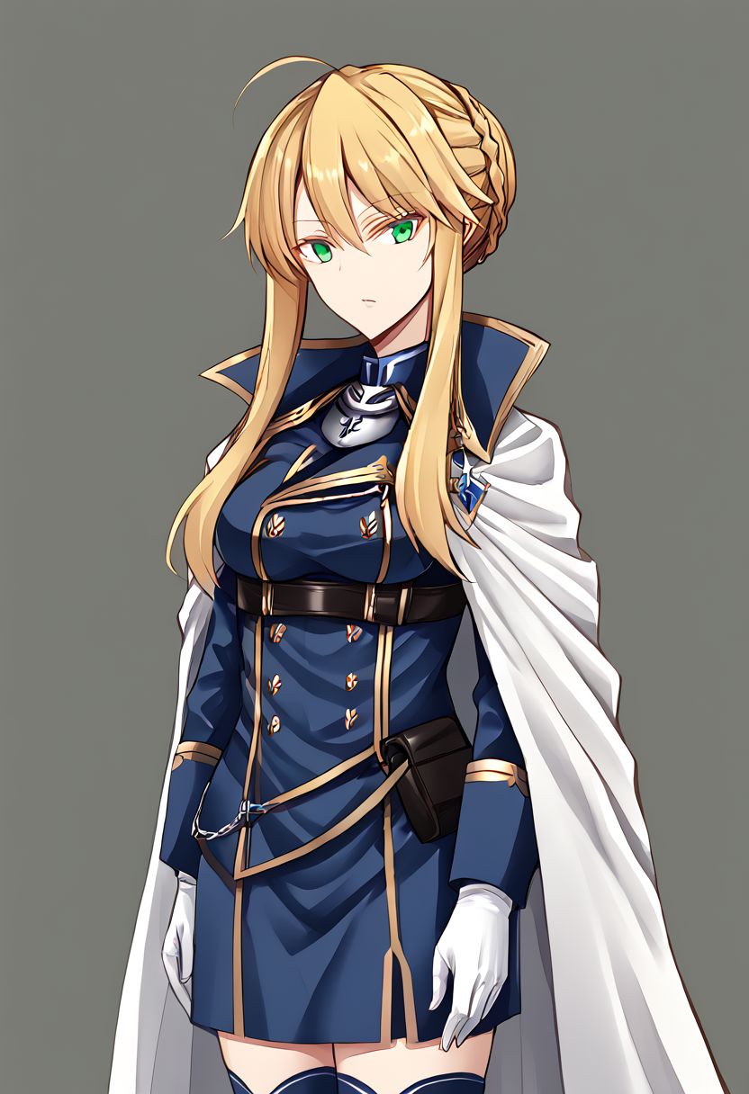 solo, 1girl, long hair, blonde hair, green eyes, sidelocks, single hair bun, french braid, military uniform, white cape. gloves, thighhighs,
masterpiece, best quality, very aesthetic, absurdres,