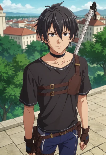 score_9, score_8_up, score_7_up,source_anime,BREAK, rating_safe, intricate details , , , anime screencap, anime coloring, official style, amazing quality, depth of field,1boy, solo, male focus , , ,  <lora:Suzaki:0.83>, setsu suzaki,black hair,black eyes,short hair,smile, shirt, gloves, hair between eyes, closed mouth, collarbone, confident,short sleeves, outdoors, sky, choker, pants, day, sword, fingerless gloves,accessory, thigh strap,leather pouch,blurry, black shirt, black choker, building, blue pants, sword on back,from above , , , <lora:sdxl_lightning_8step_lora_315544:1>