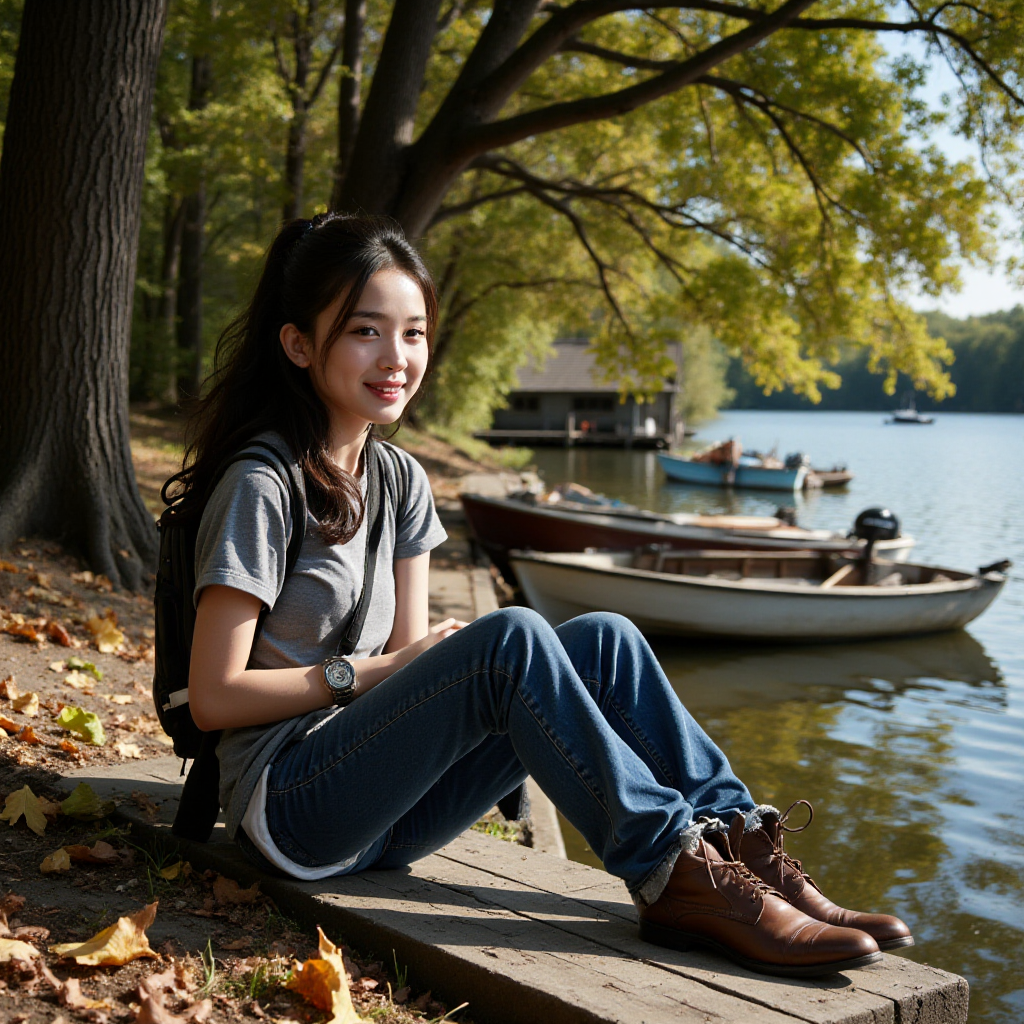 profession photograph  still a gorgeous, teenager sitting on a bench on a dock next to a lake,  t-shirt and jeans, leather shoe, cute teenager smiles, pony hair,  under the shade of a old giant tree, falling autumn leaf.  rustic old house, broken windows, broken boats,  reflects from the lake water,  detail attention to the eye and face, gorgeous.
 <lora:fluxenhancer:1>  <lora:Gulnazar_Flux_rank16_bf16:1>
