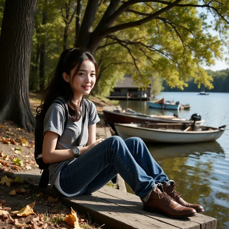 profession photograph still a gorgeous, teenager sitting on a bench on a dock next to a lake, t-shirt and jeans, leather shoe, cute teenager smiles, pony hair, under the shade of a old giant tree, falling autumn leaf. rustic old house, broken windows, broken boats, reflects from the lake water, detail attention to the eye and face, gorgeous.
<lora:fluxenhancer:1> <lora:Gulnazar_Flux_rank16_bf16:1>