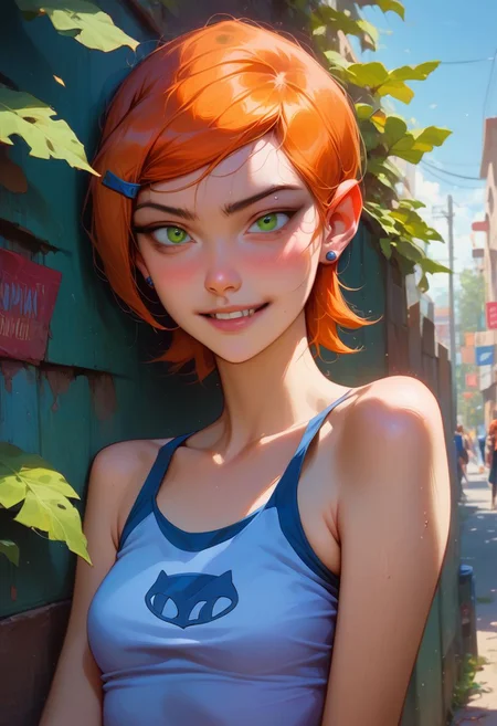 score_9, score_8_up, score_7_up, score_6_up, score_5_up, score_4_up, 1girl, slim, fit, realistic, beautiful eyes, gwen tennyson (/Ben10)/,(ultra HD quality details), bright orange hair, short hair, (green eyes), mouth opened, hiding, focusing on colorful beetle