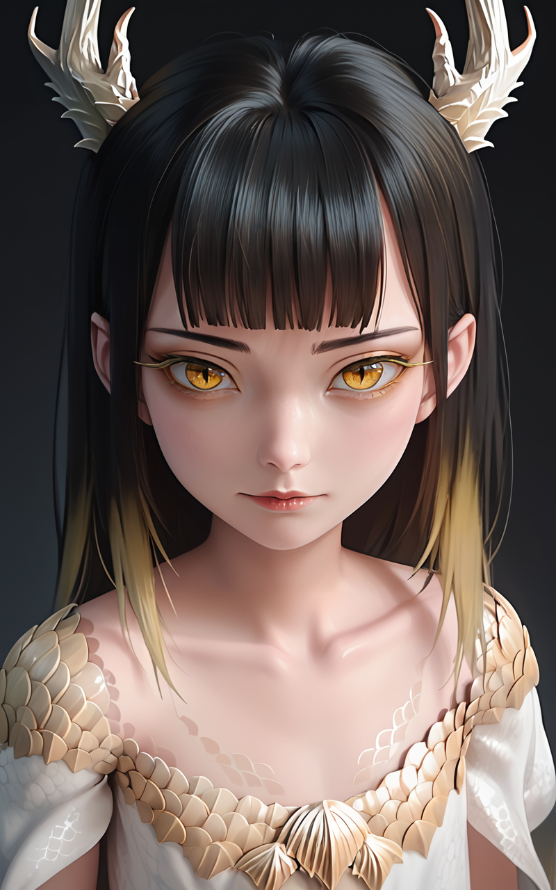 score_9,score_8_up,score_7_up,
<lora:drzhiguiPony3:1>,dragongirl,solo,scale,1girl,black hair,yellow eyes,horns,fish scale,antlers,looking at viewer,upper body,long hair,bangs,pale skin,lips,closed mouth,blunt bangs,collarbone,dragon horns,Child,Gradient hair color,dark background,(child:1.3),petite,chibi,kawaii,round face,