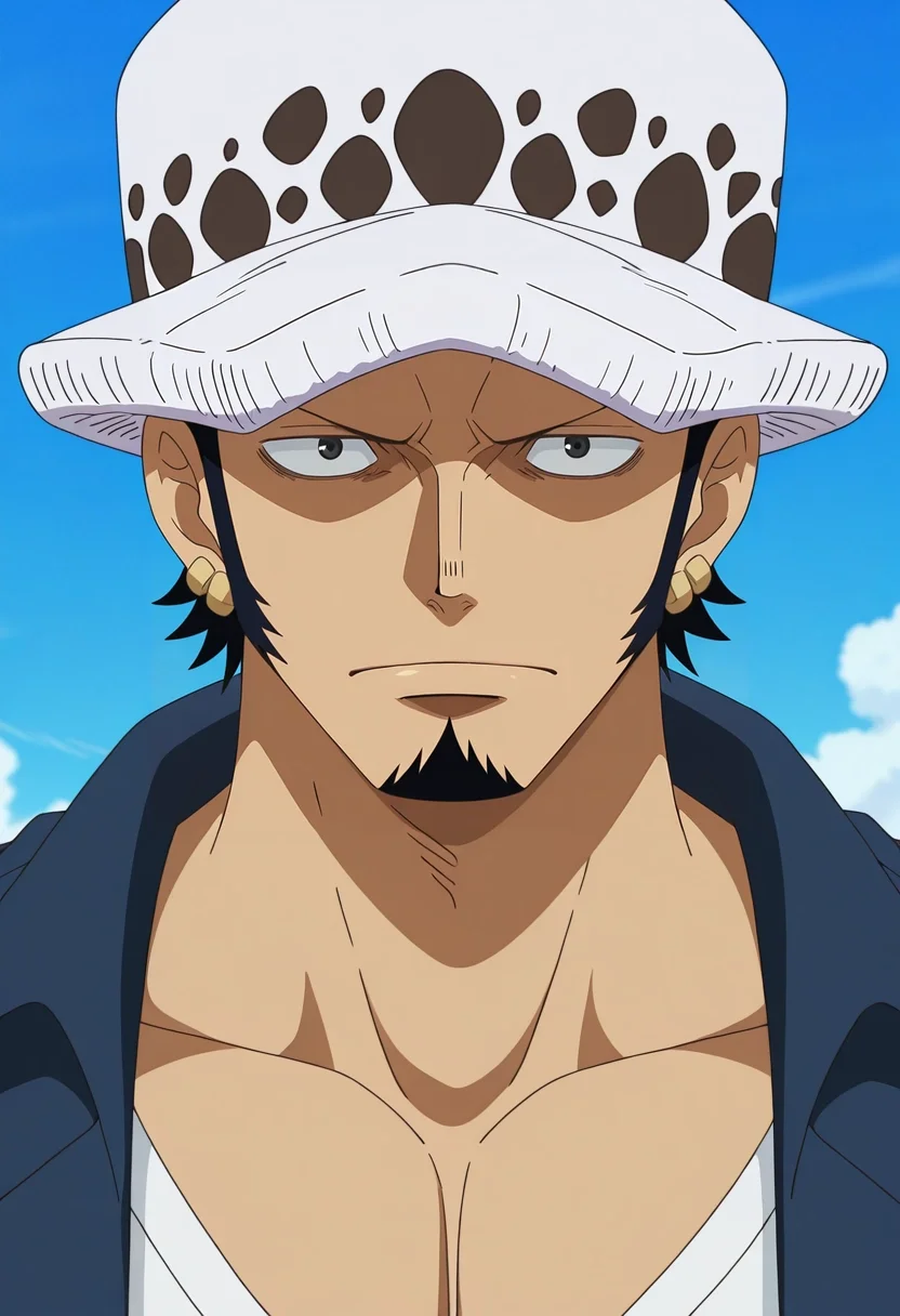 masterpiece, best quality, , anime screencap, anime coloring, official style, looking at viewer, 1boy, solo, male focus, <lora:law_trafalgar_ilxl:0.96>, law_trafalgar, black hair, black eyes, short hair, facial hair, sideburns, long sideburns, goatee, , , post timeskip, , , , fedora
