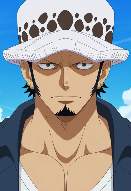 masterpiece, best quality, , anime screencap, anime coloring, official style, looking at viewer, 1boy, solo, male focus, <lora:law_trafalgar_ilxl:0.96>, law_trafalgar, black hair, black eyes, short hair, facial hair, sideburns, long sideburns, goatee, , , post timeskip, , , , fedora