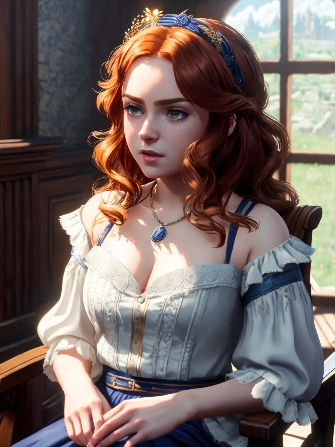 (CherryNobodySD15:1.0) upsweep updo Intricately detailed Full body, portrait painting, of (seductive royal blue female), clothed, sitting, on chair, in luxurious fantasy castle, small breasts, pretty face, white lace lingerie, sexy, shallow depth of field, cinematic lighting, (highly detailed:1.2), Game of Thrones hogwarts student, HDR, 8k resolution Style-HogLegacy Style-Renaissance (skinny:1.2)
