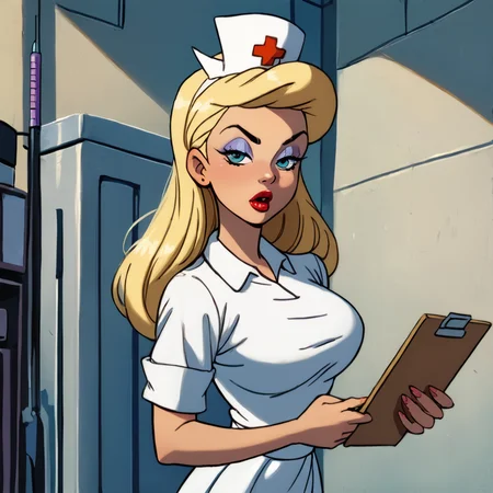 score_9, score_8_up, score_7_up, score_6_up, score_5_up, score_4_up, (Source anime), (rating safe),<lora:HelloNurseXL2:0.8>, <lora:RealisticAnime:1>, hello nurse, 1girl, solo, long hair, breasts, open mouth, blue eyes, hat, dress, holding, white dress, nurse, syringe, clipboard, blonde hair, teal eyes, eyeshadow, nurse cap, lipstick, nurse clothing