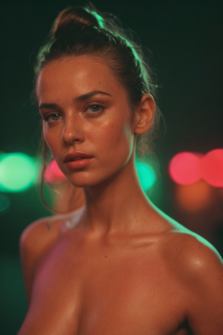 Film still, cinematic, photo of a cute woman, detailed skin texture, shot on film, vibrant colors, neon theme
