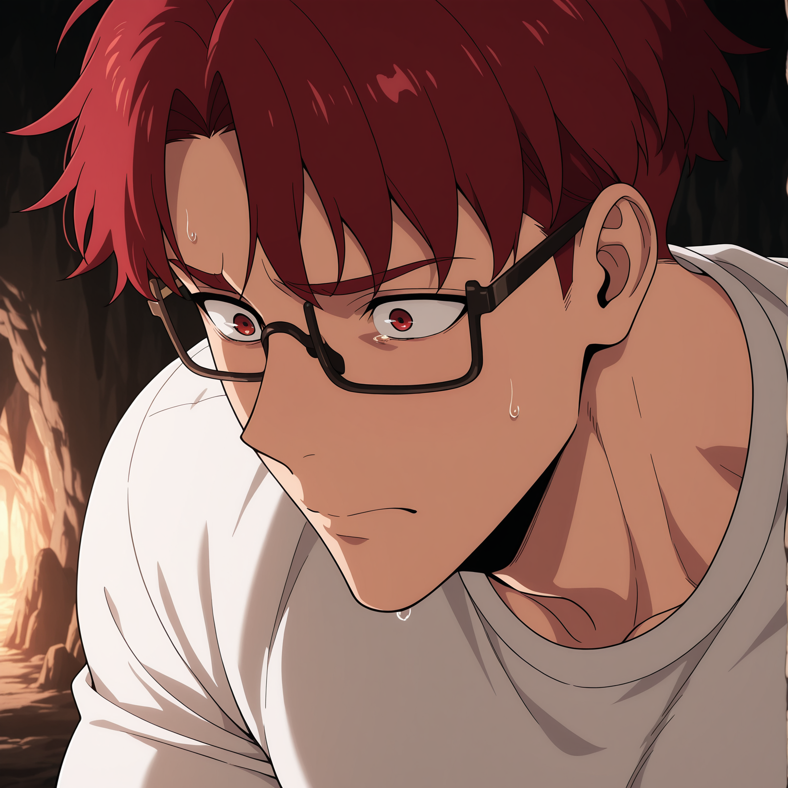 1boy, solo, male focus, ChoiJongIn, glasses, red hair, red eyes, white shirt, muscular, cave, worried, face close up
,masterpiece,best quality,amazing quality,  <lora:Choi_Jong-In:1>