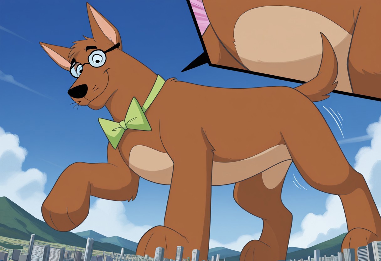 score_9, score_8_up, score_7_up, score_6_up, (source_furry), BREAK, high quality, detailed, best quality, amazing quality, 1boy,solo, furry male, anthro, Juniorsfather, furry, pointy ears, feral, canine, dog, black nose, brown body, brown fur, footpaws,body fur,detailed cityscape, taking up the whole screen, newest, highres, masterpiece, extreme detail, giantess, male, landscape dwarfing,standing,impact, growth lines,close-up, looking down at viewer, smug,from below, beige belly, sky, blue sky, day, tail, glasses, green bowtie