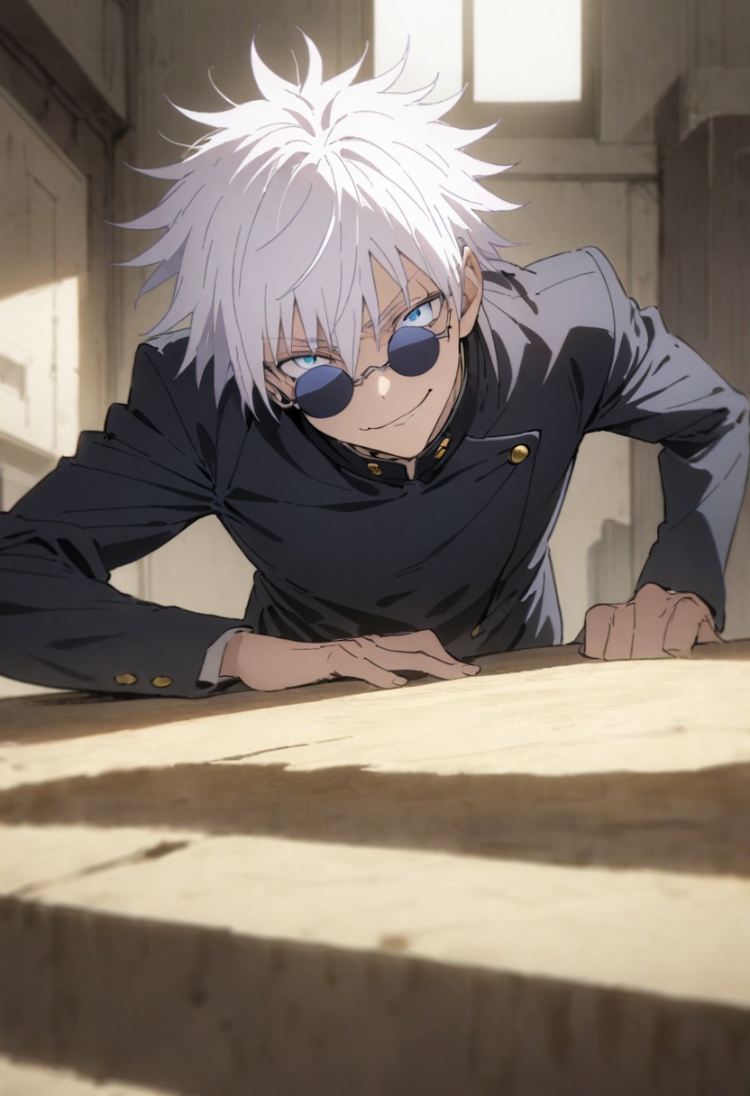 score_9, score_8_up, score_7_up, score_6_up, masterpiece, best quality, absurdres, cinematic, perfect composition, solo, 1boy, gojou satoru, blue eyes, white hair, round sunglasses, jacket, black jacket, gakuran, school uniform, high collar, smirk, standing, looking at viewer,