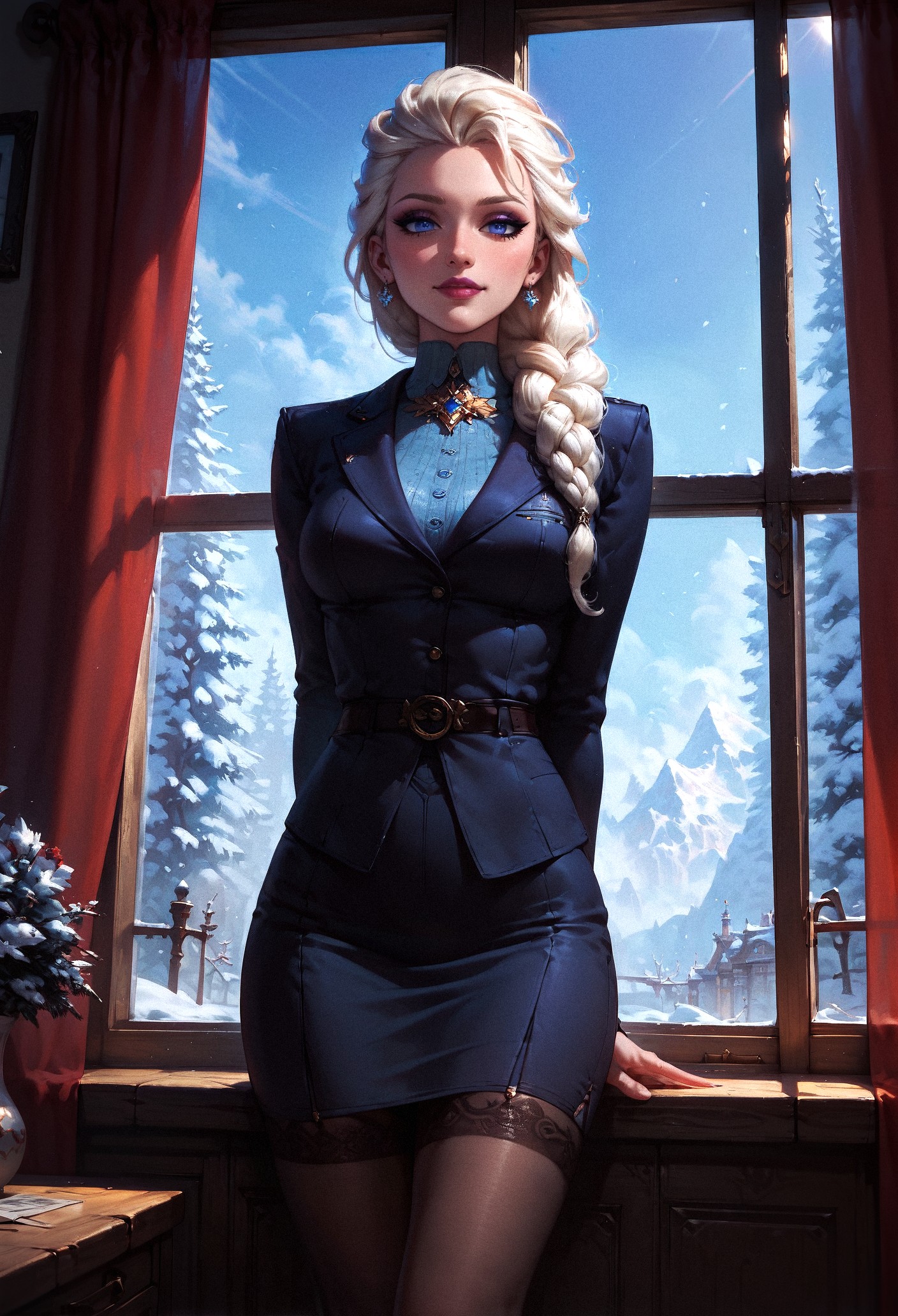 score_9, score_8_up, score_7_up, score_6_up, score_5_up, score_4_up,  ultra detailed, masterpiece, adult elsa, black business suit, black office skirt, from front, dutch angle, blue eyes, winter, window, snow outside, hands behind back, standing, solo  <lora:sdxl\Concept Art Twilight Style SDXL_LoRA_Pony Diffusion V6 XL:0.8>, concept art, realistic, <lora:sdxl\Expressive_H-000001:0.8>, expressiveH <lora:sdxl\princess_xl_v2:0.7>