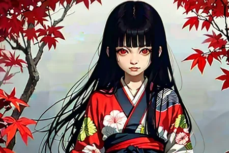 enma ai, hair down, hair black, bangs, eyes red, masterpiece, best quality, ultra-detailed, illustration, 1girl, solo, highres, photorealistic, ultra high res, (Original illustration composition), (fusion of limited color,Maximalism artstyle, kimono fashion, double exposure, background, illustration, Amazing, lily spider