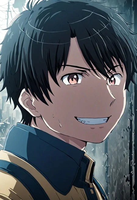 high resolution, solo, best quality, 1Boy, Inaho Kaizuka, Black Hair, portrait, looking at viewer, focused gaze forward, upper body, head upright, angry, smile, OverallDetail