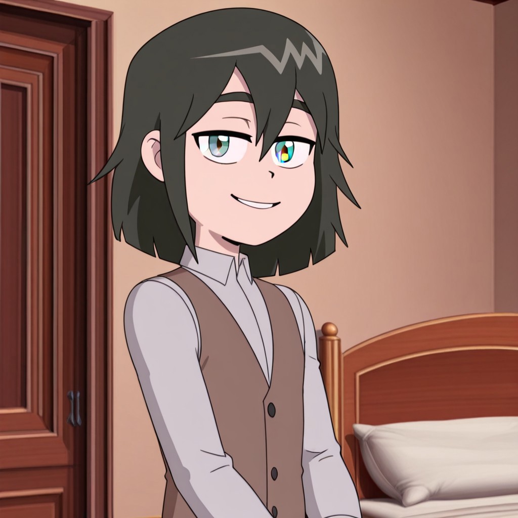 SlimeBoy, medium hair,grey eyes,vest outfit,1boy, bedroom, looking at viewer, smile,