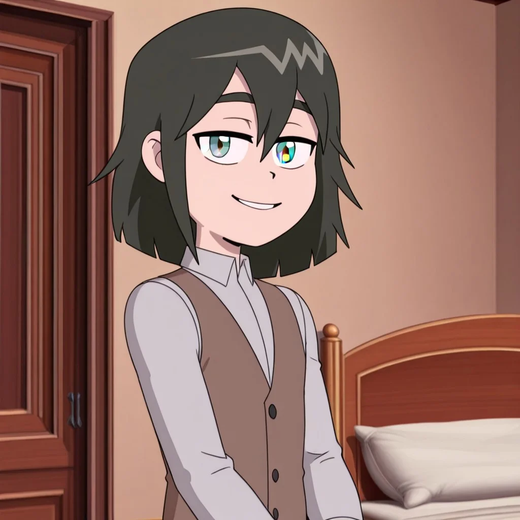 SlimeBoy, medium hair,grey eyes,vest outfit,1boy, bedroom, looking at viewer, smile,