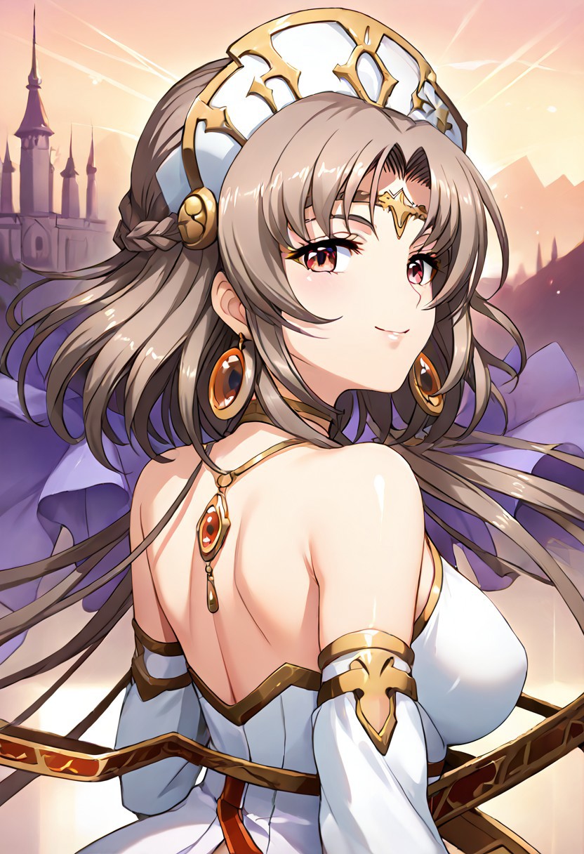 score_9, score_8_up, score_7_up, detailed, intricate details, chromatic aberration, realistic, veins source_anime, , (best quality) , (highly detailed) ,((masterpiece)), ((best quality)), (ultra-detailed), ((extremely detailed)), (high resolution), 4K, (8K), best quality, (beautiful), (dynamic lighting), (super detailed skin), sharp focus, (1_girl, solo focus), score_9,score_8_up,score_7_up,anime coloring BREAK source_anime,anime, shiny skin, <lora:yuria_p_v1.5:1>,yulia,y_clothes,Headdress,red eyes,brown hair,long hair,very long hair,jewelry,detached sleeves,dress,earrings,bare shoulders,collarbone, <lora:Fixhands_anime_bdsqlsz_V1:1>,upper_body,profile,smile,looking_at_viewer,castle,from behind
detailed eyes、detailed face and detailed skin <lora:add-detail-xl:1.0>