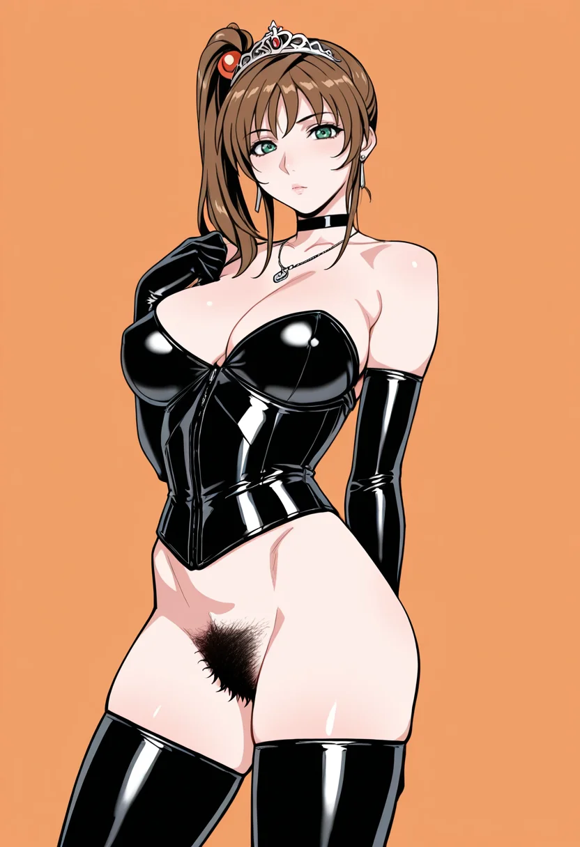 masterpiece, best quality,
1girl, solo,
standing, cowboy shot,
looking at viewer,
<lora:Kurumi_Imari:1> K0r0m11Im4r1, side ponytail, long hair, brown hair, hair bobbles, hair ornament, green eyes, large breasts, 
latex, corset, elbow gloves, tiara, necklace, choker, earrings, excessive pubic hair, thighhighs, 
simple background, orange background,